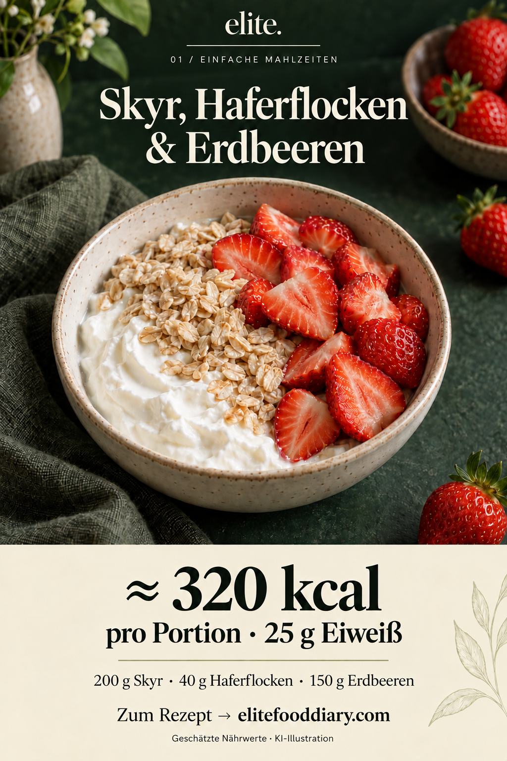 Elite-Mahlzeitenkarte: Skyr mit Haferflocken und Erdbeeren. ≈ 320 kcal. KI-Illustration.