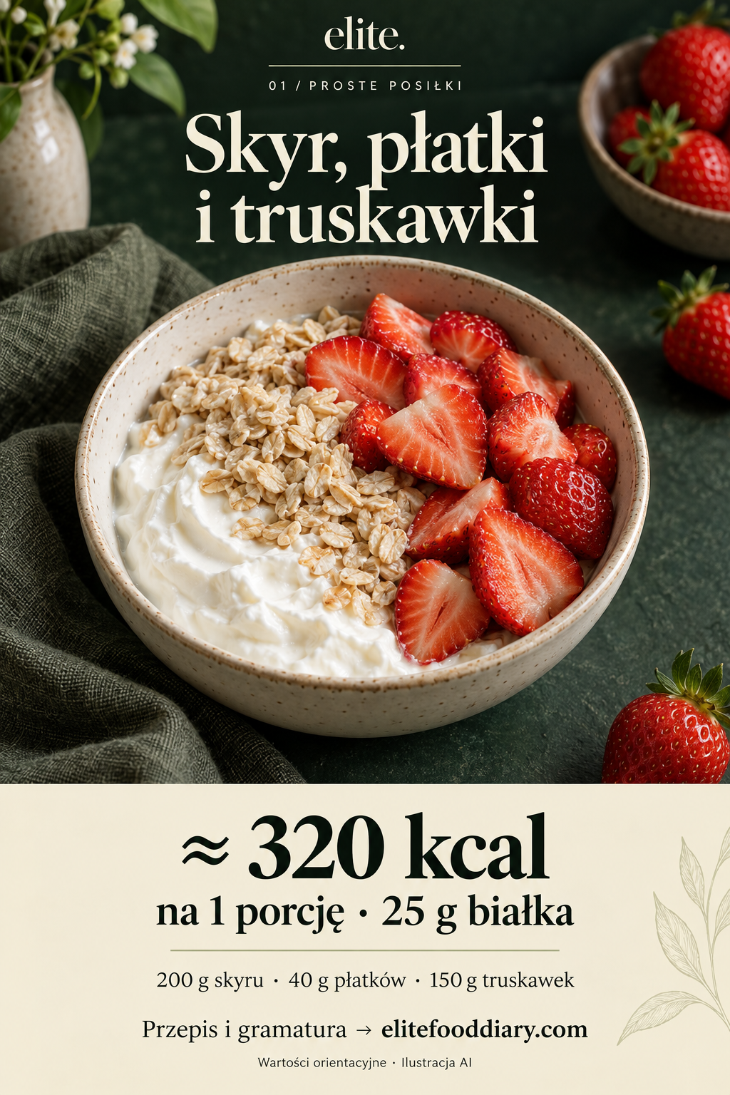Kremowa miska skyru z płatkami owsianymi i pokrojonymi truskawkami. Karta Elite: około 320 kcal i 25 g białka na porcję. Ilustracja AI.
