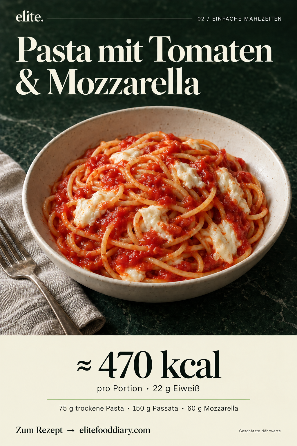 Elite-Mahlzeitenkarte: Pasta mit Tomaten und Mozzarella. ≈ 470 kcal.
