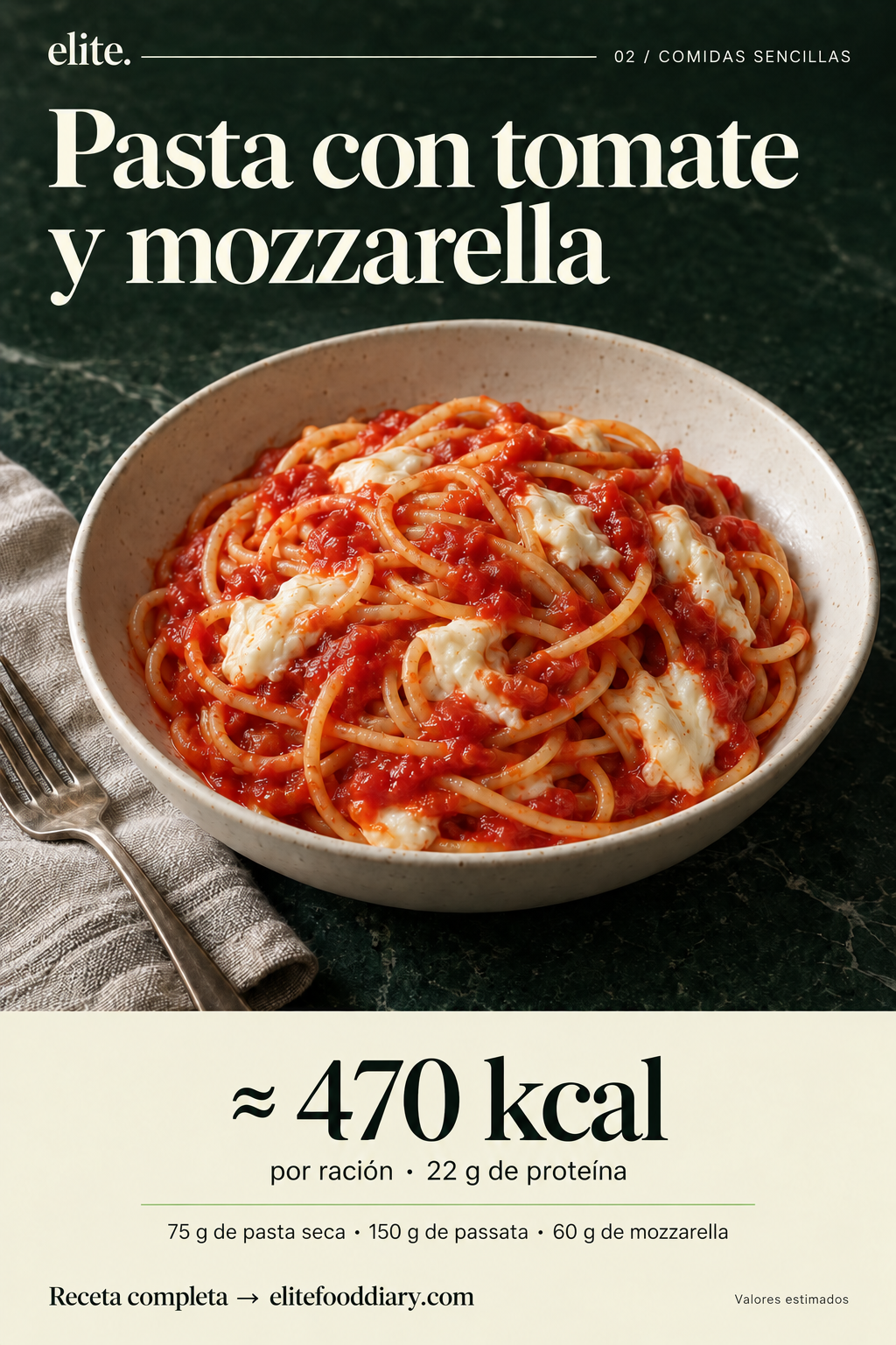 Tarjeta de comida Elite: Pasta con tomate y mozzarella. ≈ 470 kcal.