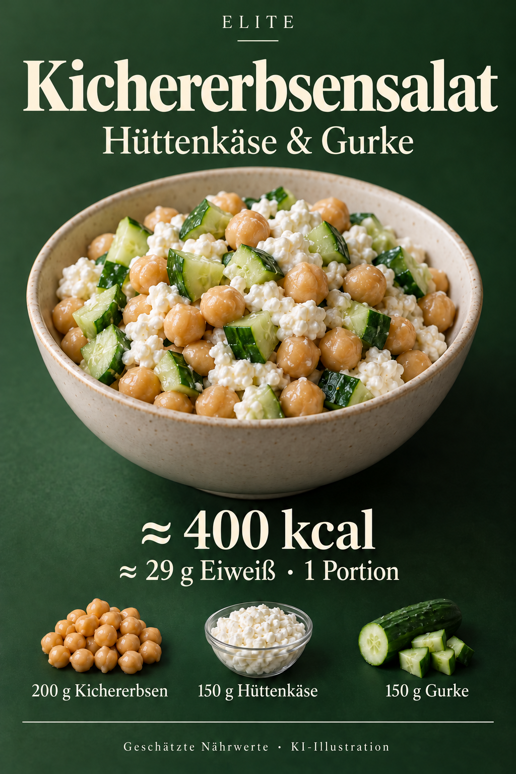 KI-Illustration: eine Schüssel mit Kichererbsen, Hüttenkäse und gewürfelter Gurke. Elite-Karte: ungefähr 400 kcal und 29 g Eiweiß pro Portion.