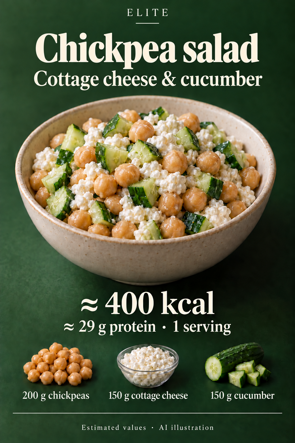 AI illustration: a bowl of chickpeas, cottage cheese and diced cucumber. Elite card: approximately 400 kcal and 29 g of protein per serving.