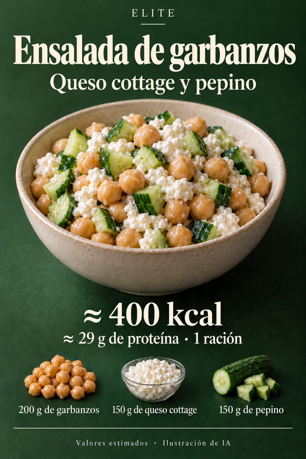 Ilustración de IA: un bol con garbanzos, queso cottage y pepino en dados. Tarjeta Elite: aproximadamente 400 kcal y 29 g de proteína por ración.