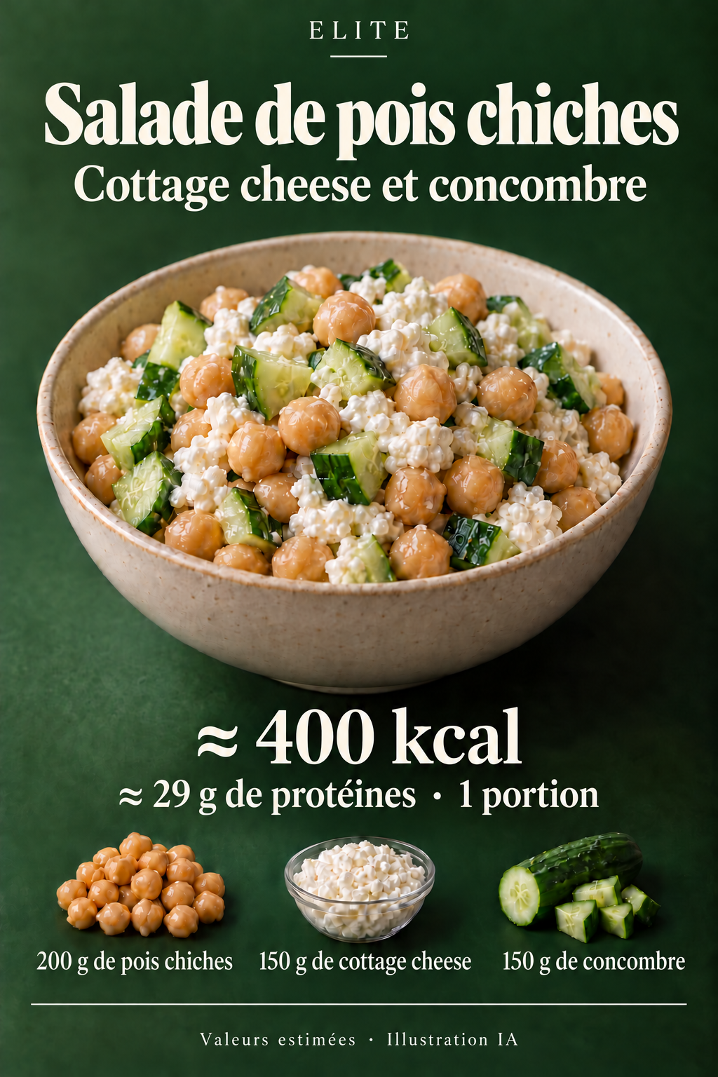 Illustration IA : un bol de pois chiches, de cottage cheese et de concombre en dés. Carte Elite : environ 400 kcal et 29 g de protéines par portion.