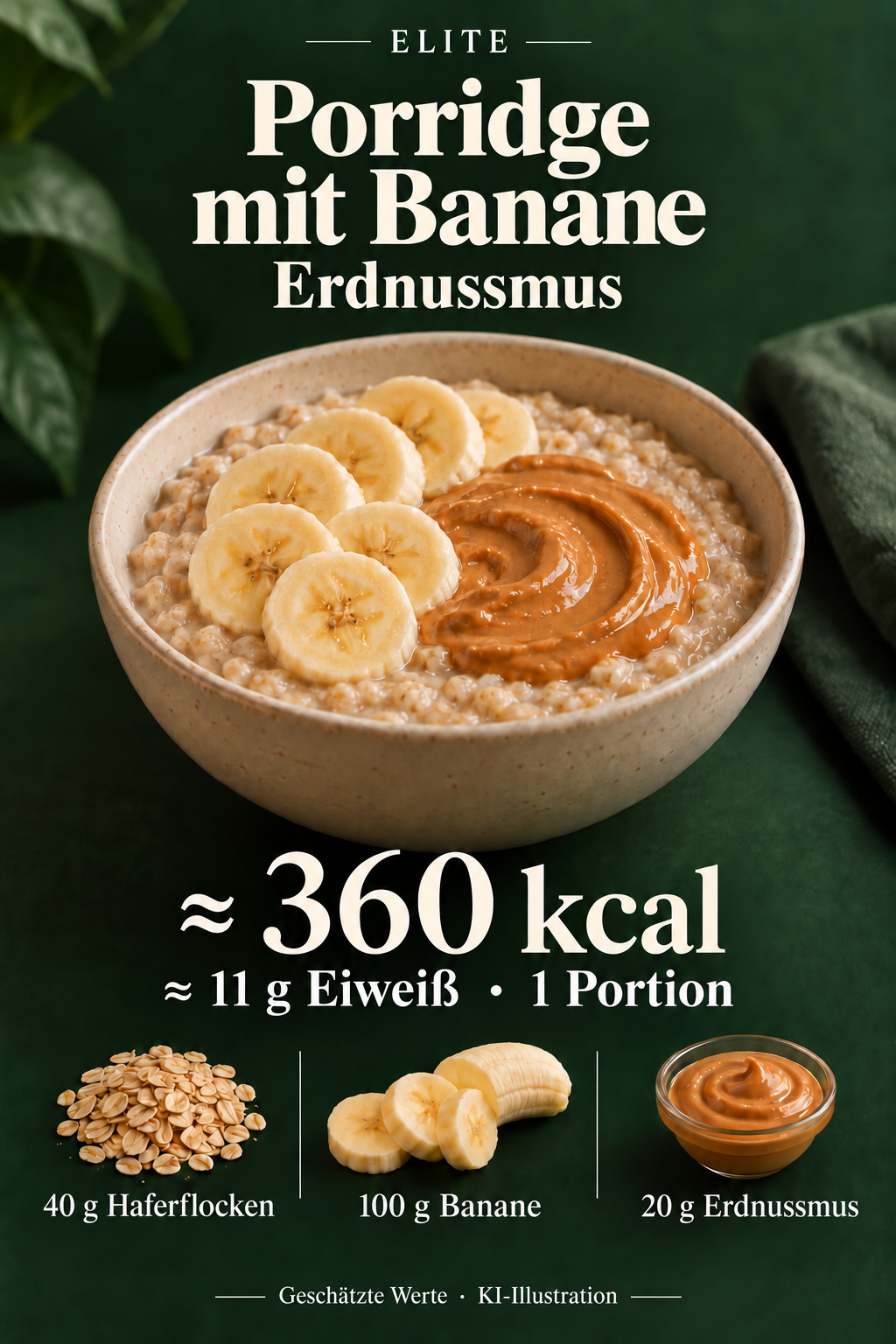KI-Illustration: eine Schüssel Porridge mit Bananenscheiben und cremigem Erdnussmus. Elite-Karte: ungefähr 360 kcal und 11 g Eiweiß pro Portion.