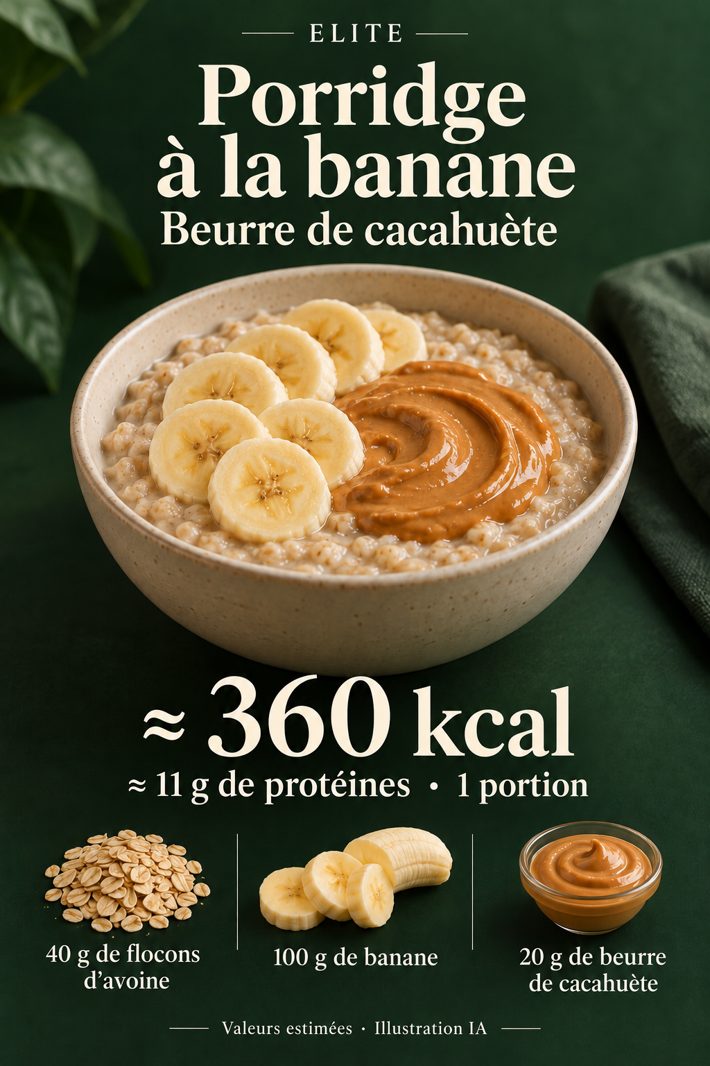 Illustration IA : un bol de porridge avec des rondelles de banane et du beurre de cacahuète lisse. Carte Elite : environ 360 kcal et 11 g de protéines par portion.