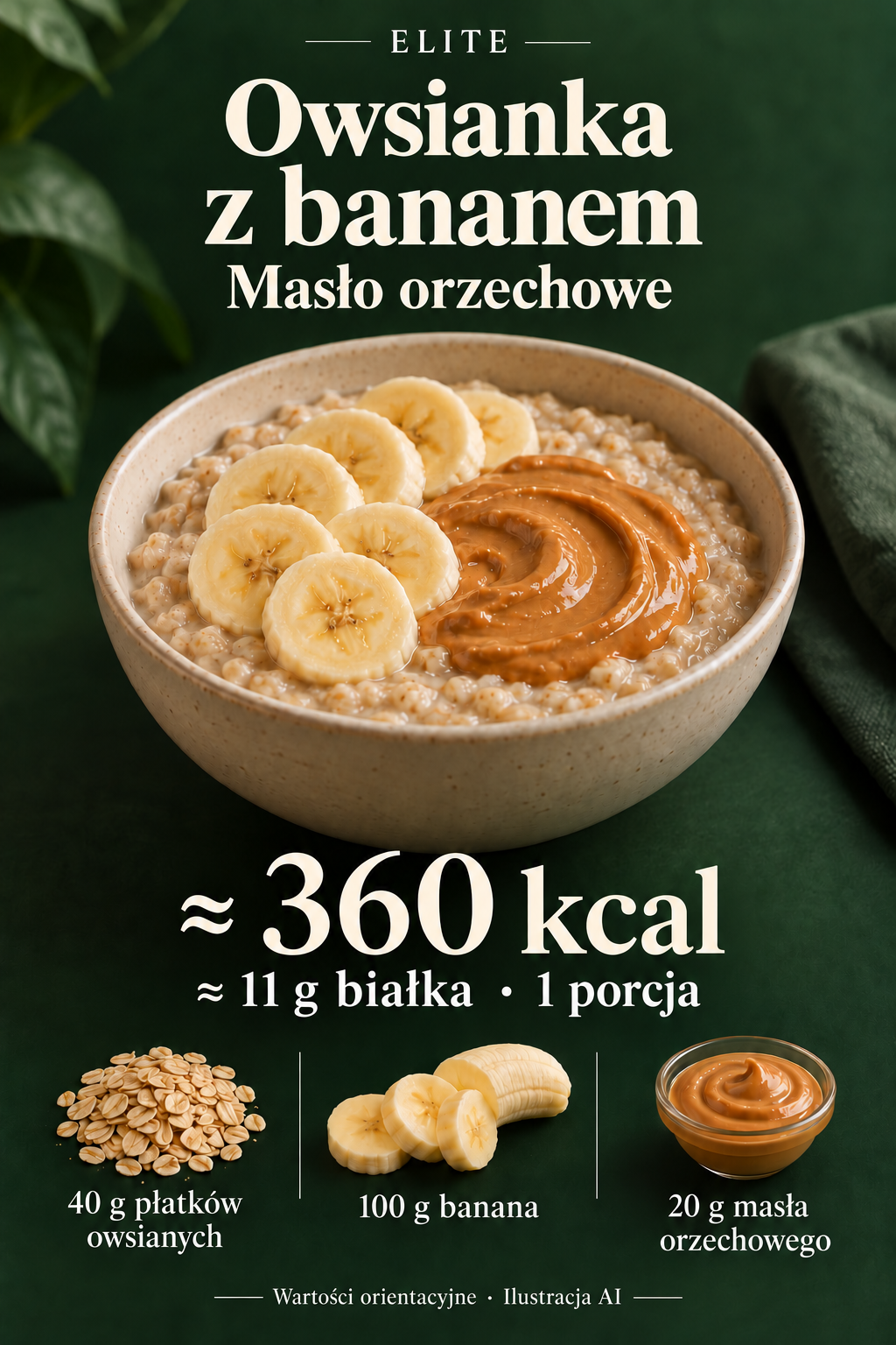 Ilustracja AI: miska owsianki z plasterkami banana i gładkim masłem orzechowym. Karta Elite: około 360 kcal i 11 g białka na porcję.