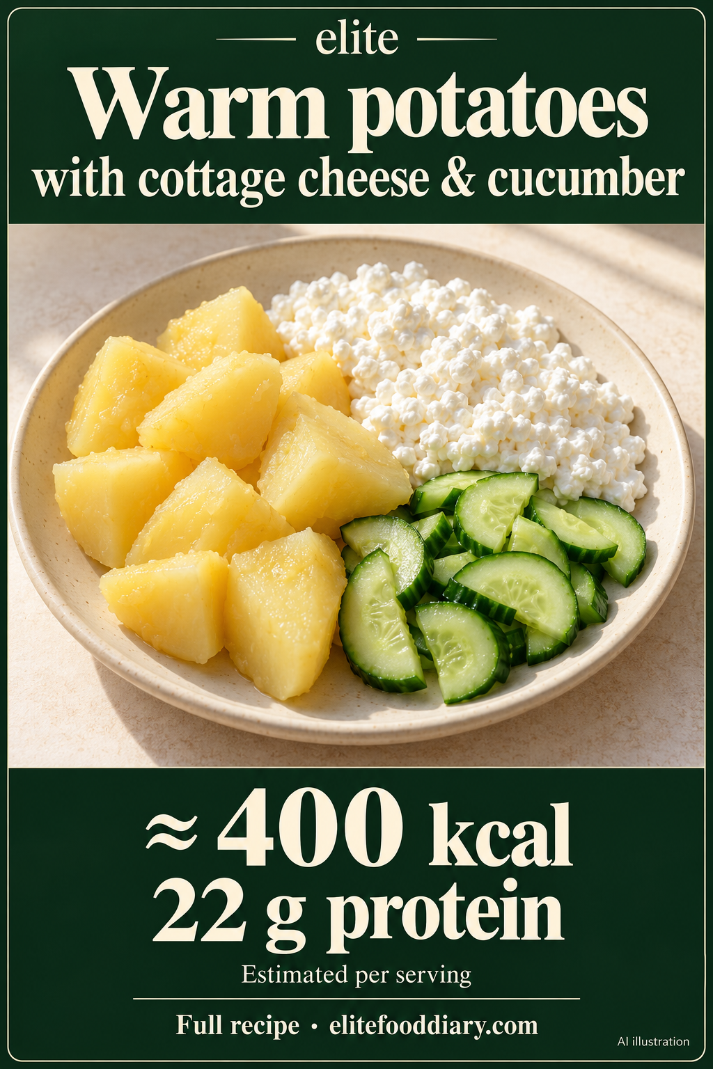 AI illustration of peeled boiled potato chunks, white cottage cheese and cucumber half moons. Elite card: approximately 400 kcal and 22 g protein per serving.